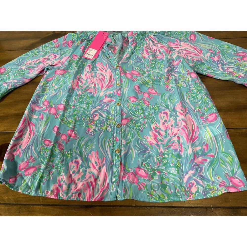 Lilly Pulitzer DAKOTA Top Blouse Amalfi Blue Fishes - Size XS - $128 - Picture 2 of 10